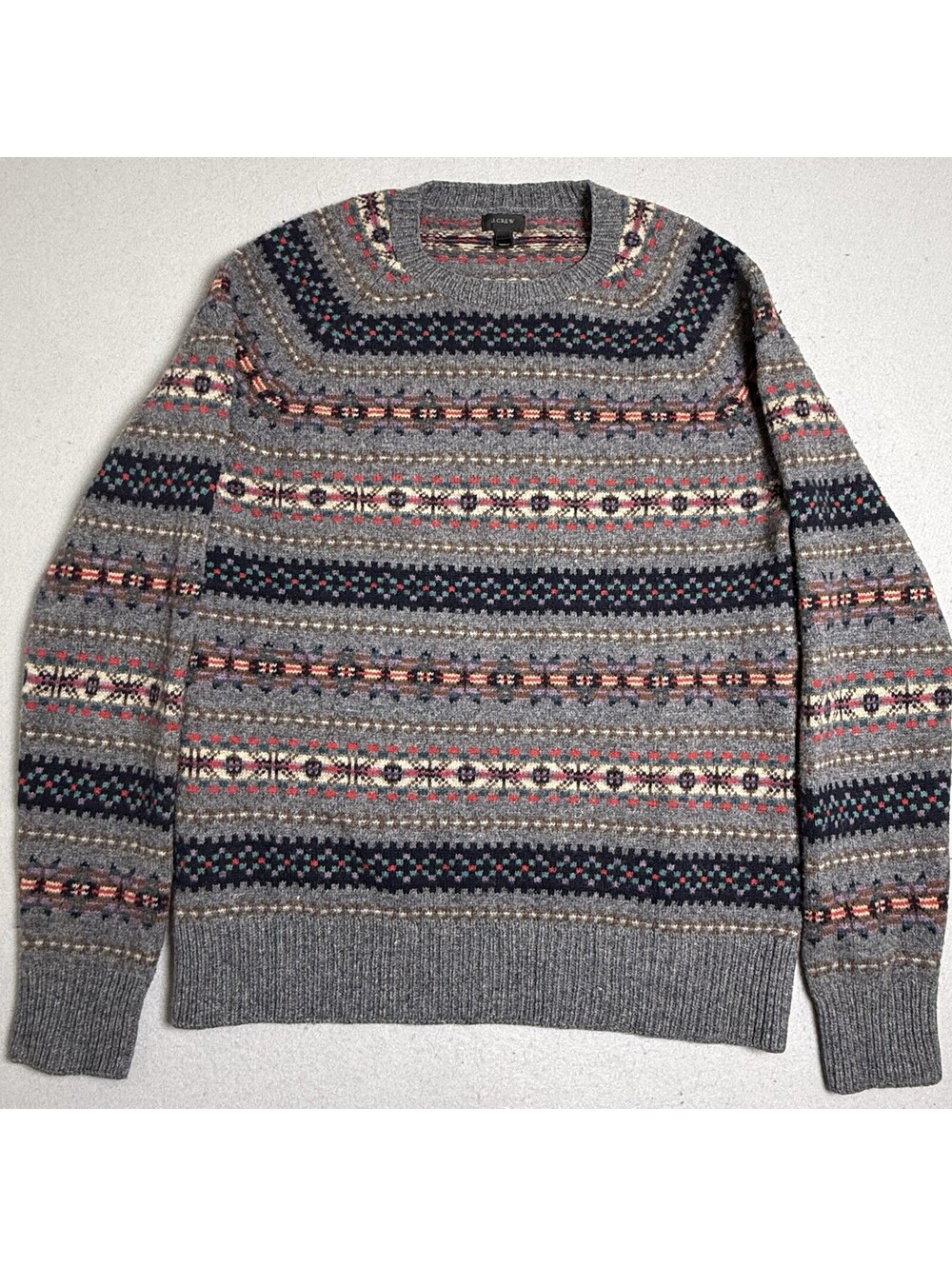J.CREW 100% Lambswool Sweater Sz M Men's Grey Crewneck Pullover Nordic Fair Isle